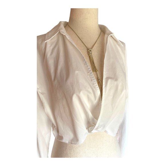 Vestique Cropped Top Women Size Medium White Wraparound Tie Long Sleeve Clublife - Picture 2 of 12